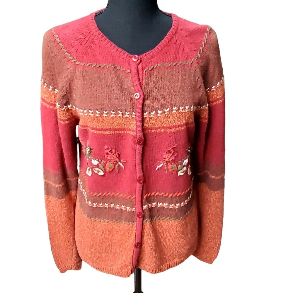ERIKA & CO Petites Floral Embroidered Cardigan Sweater Pink Orange Ramie Cotton